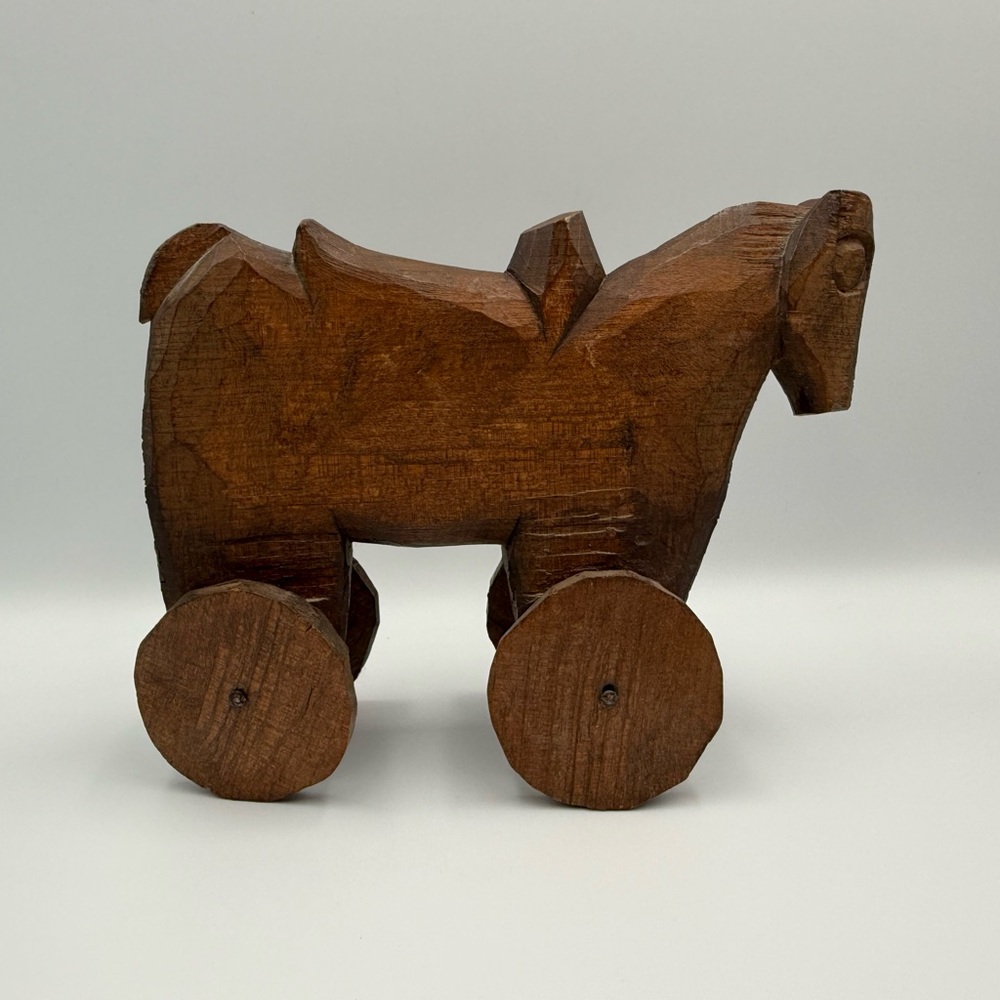 Vintage Primitive Folk Art Hand Carved Wooden Horse On Wheels - Picture 5 of 10